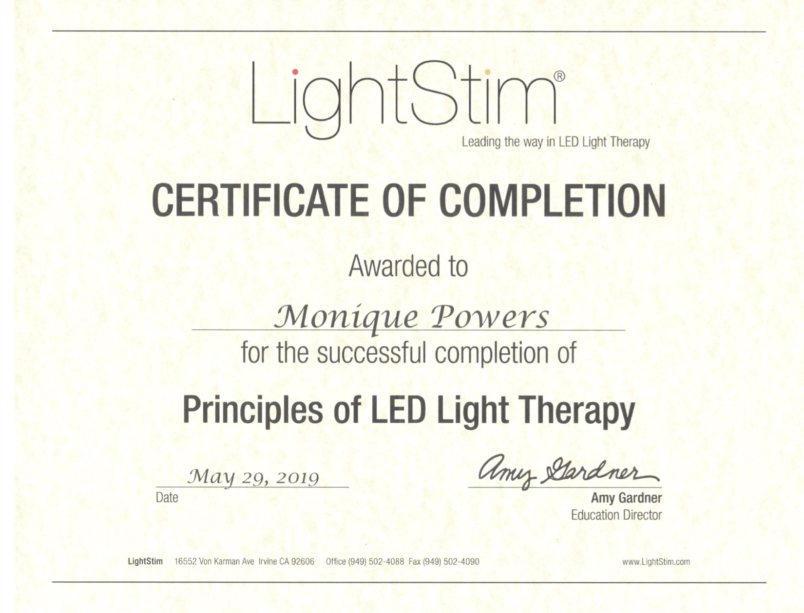 elleebana one shot lash lift certificate of completion for Monique Powers 2017